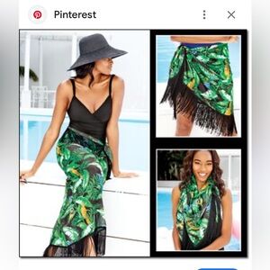 Green and Black Abstract Scarf Wrap or Shawl with Tropical Fringe and Birds